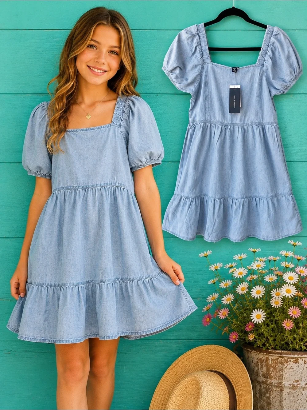 TOMMY HILFIGER GIRLS DENIM CHAMBRAY PUFF SLEEVE DRESS SMOCKED BACK SIZE 16 NWT